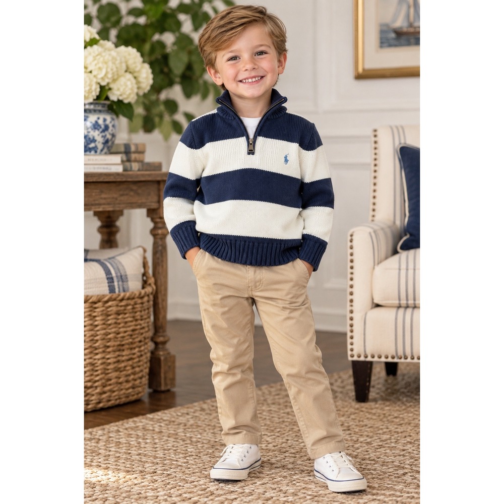 Polo Ralph Lauren Boys Navy Blue White Striped Quarter Zip Cotton Sweater 4T